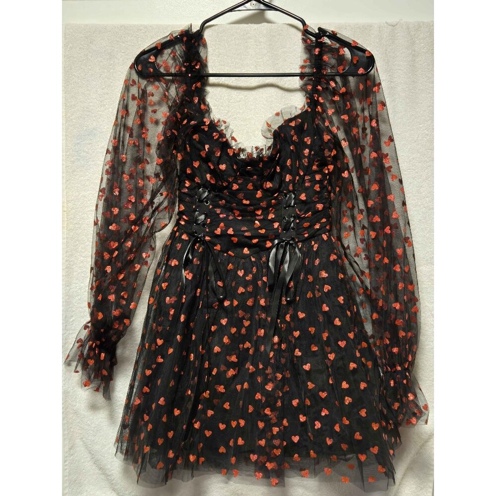 Sugar Thrillz Heavenly Affair black & red hearts tulle corset dress XXS